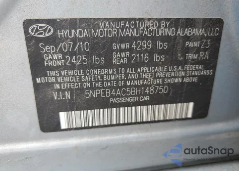 2011 Hyundai Sonata Gls from USA, damaged, VIN 5NPEB4AC5BH148750